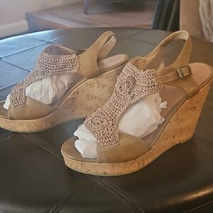 Wedge Sandals with Crochet Upper - Taupe